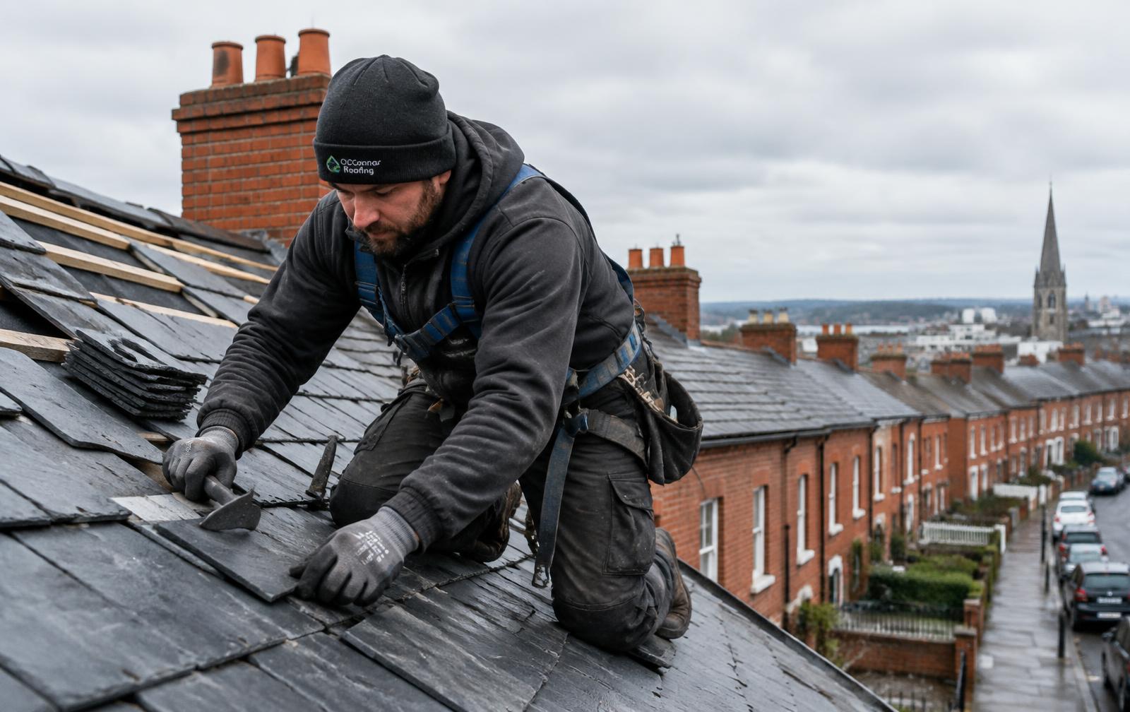 Roofer repairing a slate roof in Dublin